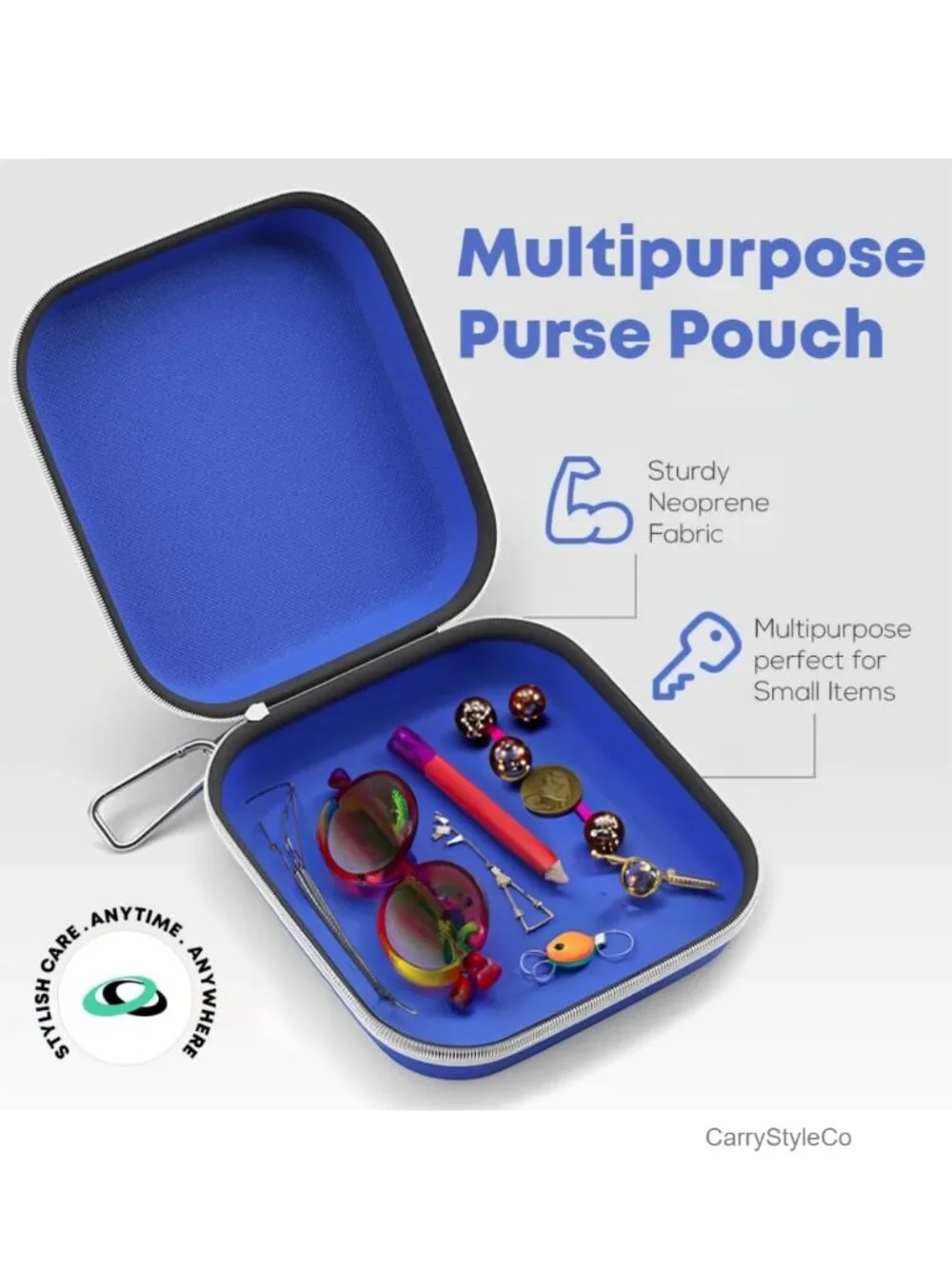 Neoprene Travel Cosmetic Bag with Carabiner Keychain, Makeup Pouch (Pack of 3)
